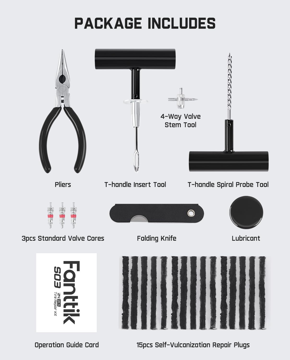 Fanttik Tire Repair Kit-24pcs Heavy Duty Tire Plug Kit, Fix Punctures and Plug Flats Patch, Universal Tire Repair Tools for Autos, Cars, Motorcycles, Trucks, ARBs, ATVs, Tractors, RVs, SUVs, Trailers