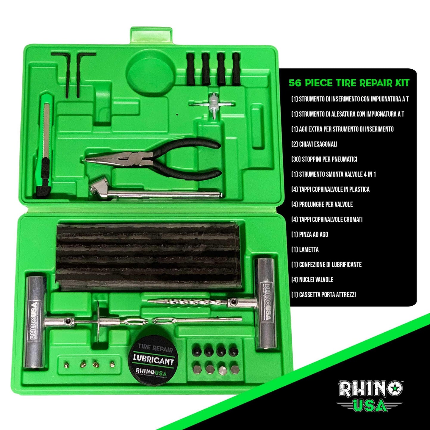 Rhino USA Tire Repair Kit (86-Piece) Professional Heavy Duty Tire Plug Kit to Fix Punctures & Patch Flats with Ease - Ultimate Tubeless Tire Repair Tools for Car, Motorcycle, ATV, UTV, RV and Trailer