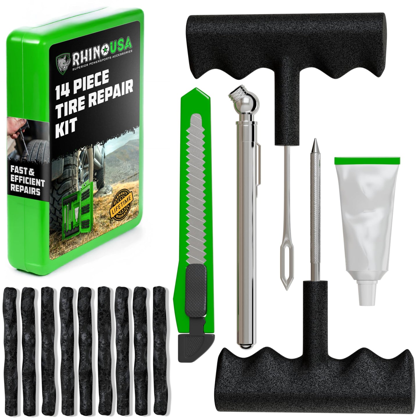 Rhino USA Tire Repair Kit (86-Piece) Professional Heavy Duty Tire Plug Kit to Fix Punctures & Patch Flats with Ease - Ultimate Tubeless Tire Repair Tools for Car, Motorcycle, ATV, UTV, RV and Trailer