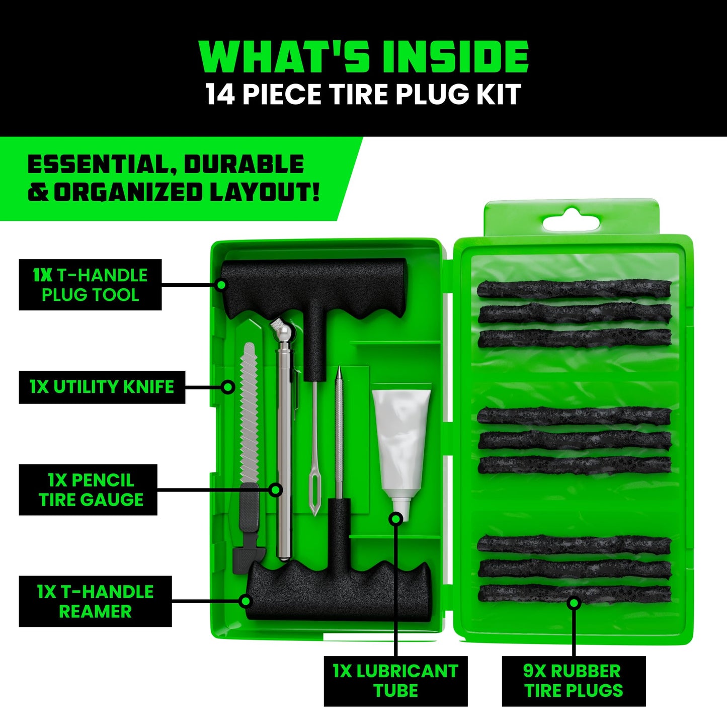 Rhino USA Tire Repair Kit (86-Piece) Professional Heavy Duty Tire Plug Kit to Fix Punctures & Patch Flats with Ease - Ultimate Tubeless Tire Repair Tools for Car, Motorcycle, ATV, UTV, RV and Trailer