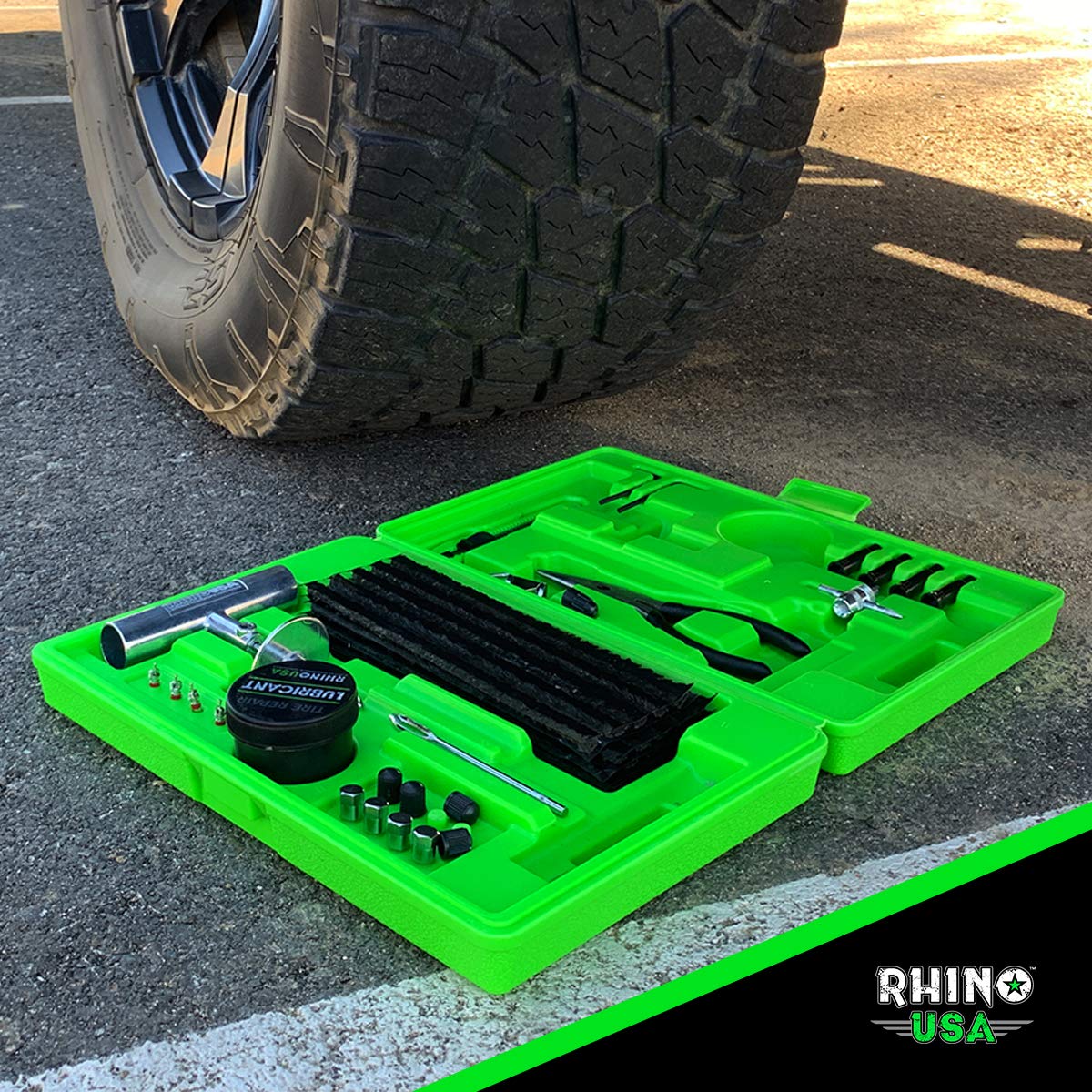 Rhino USA Tire Repair Kit (86-Piece) Professional Heavy Duty Tire Plug Kit to Fix Punctures & Patch Flats with Ease - Ultimate Tubeless Tire Repair Tools for Car, Motorcycle, ATV, UTV, RV and Trailer