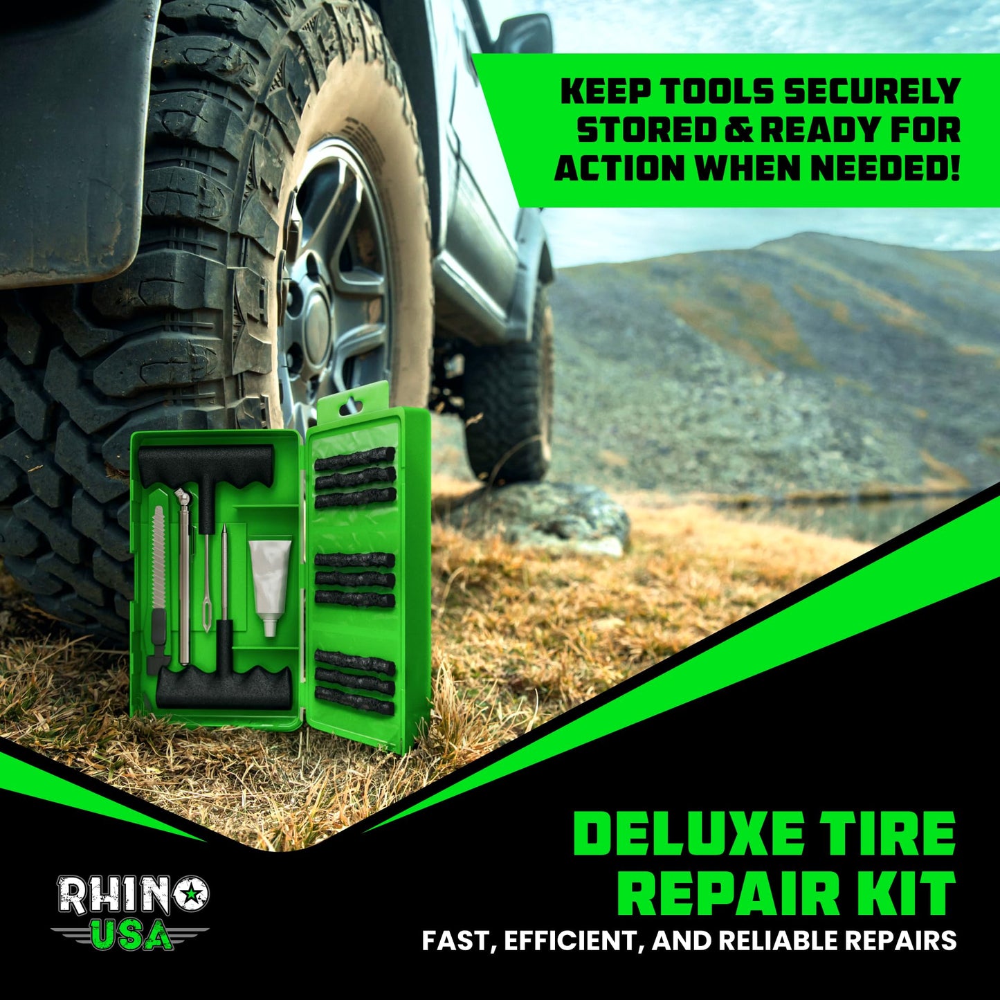 Rhino USA Tire Repair Kit (86-Piece) Professional Heavy Duty Tire Plug Kit to Fix Punctures & Patch Flats with Ease - Ultimate Tubeless Tire Repair Tools for Car, Motorcycle, ATV, UTV, RV and Trailer