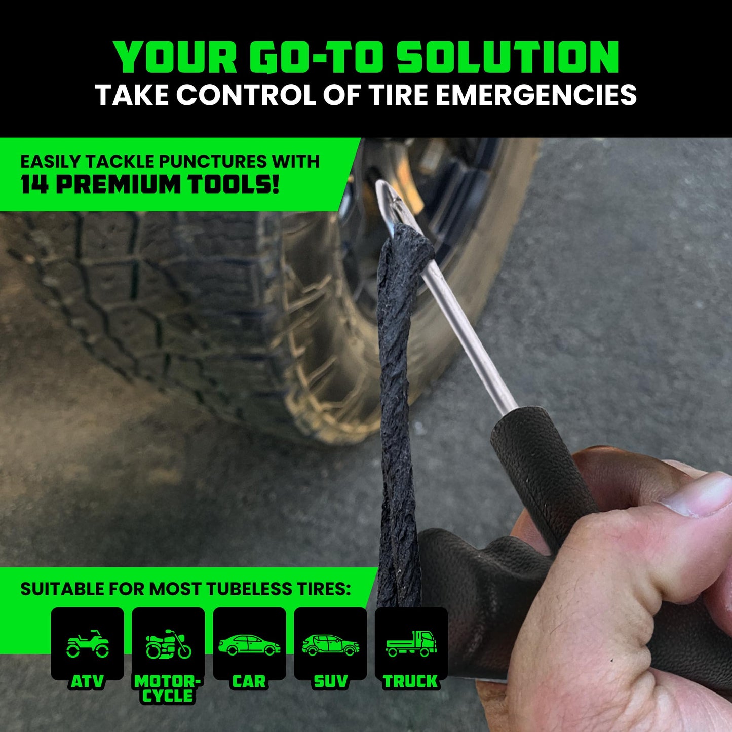 Rhino USA Tire Repair Kit (86-Piece) Professional Heavy Duty Tire Plug Kit to Fix Punctures & Patch Flats with Ease - Ultimate Tubeless Tire Repair Tools for Car, Motorcycle, ATV, UTV, RV and Trailer